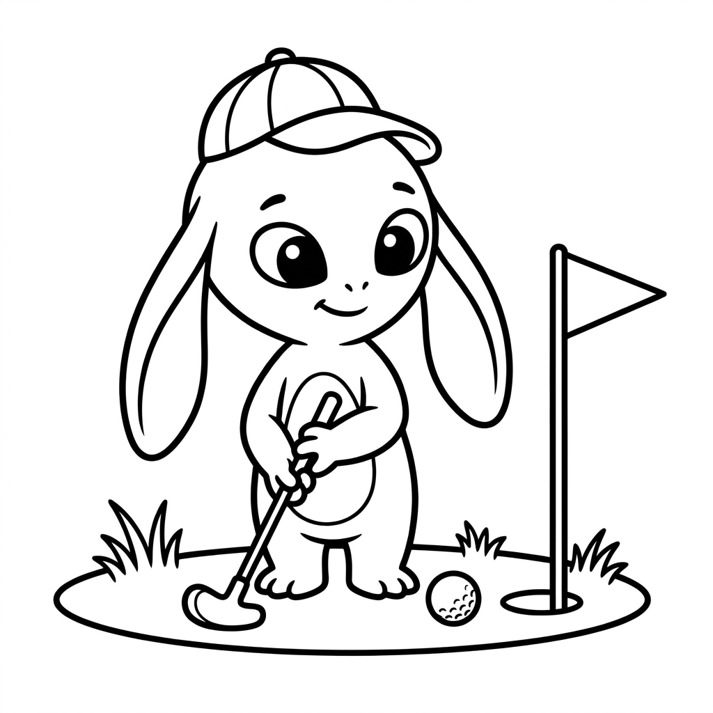 Baby Yoda coloring page putting a golf ball on the green